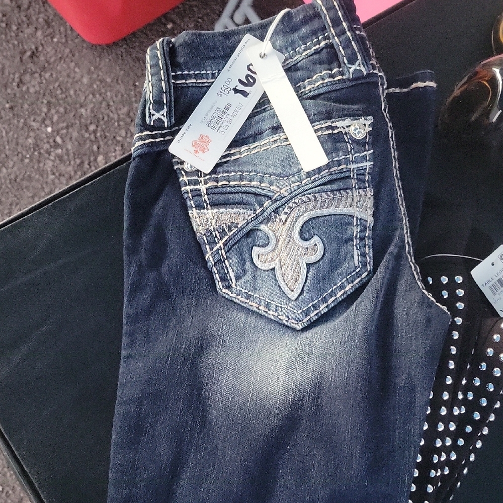 Rock Revival Dark Blue Boot Cut Jeans with Embroidered Pocket